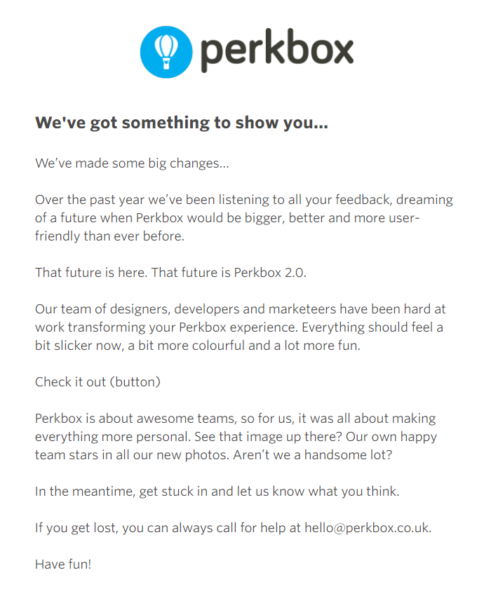 来自Perkbox的关于宣布新功能的促销电子邮件示例