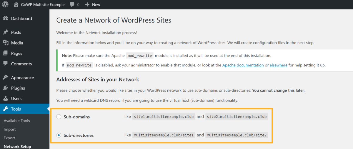 选择WordPress Multisite的网址