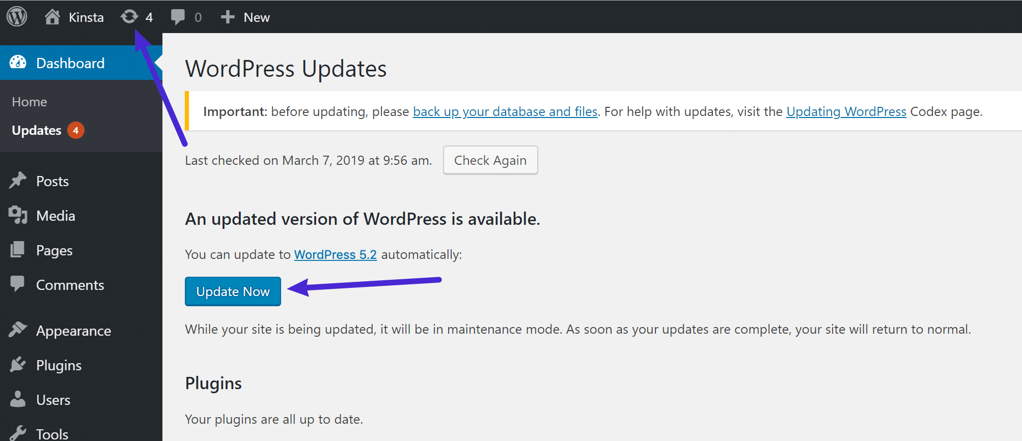 在仪表板中更新到WordPress 5.2
