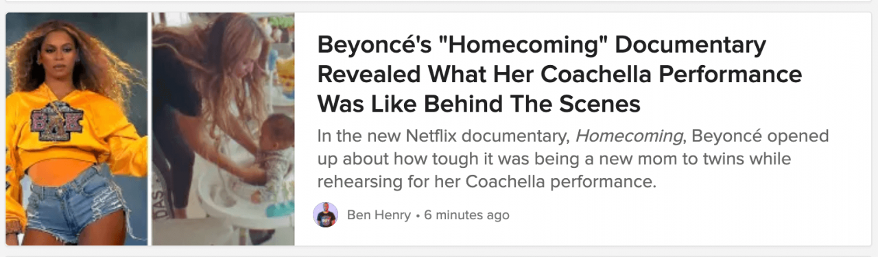 关于Beyonce的归乡纪录片的Buzzfeed博客文章标题。
