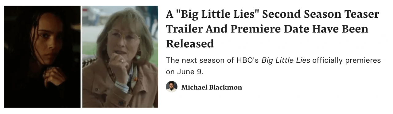 關於Big Little Lies的新預告片和發行日期的Buzzfeed文章標題。