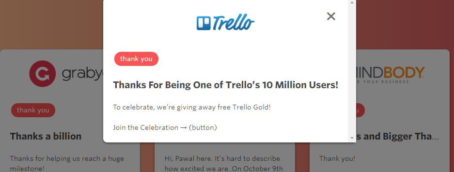 來自Trello的感謝信，包括禮物。
