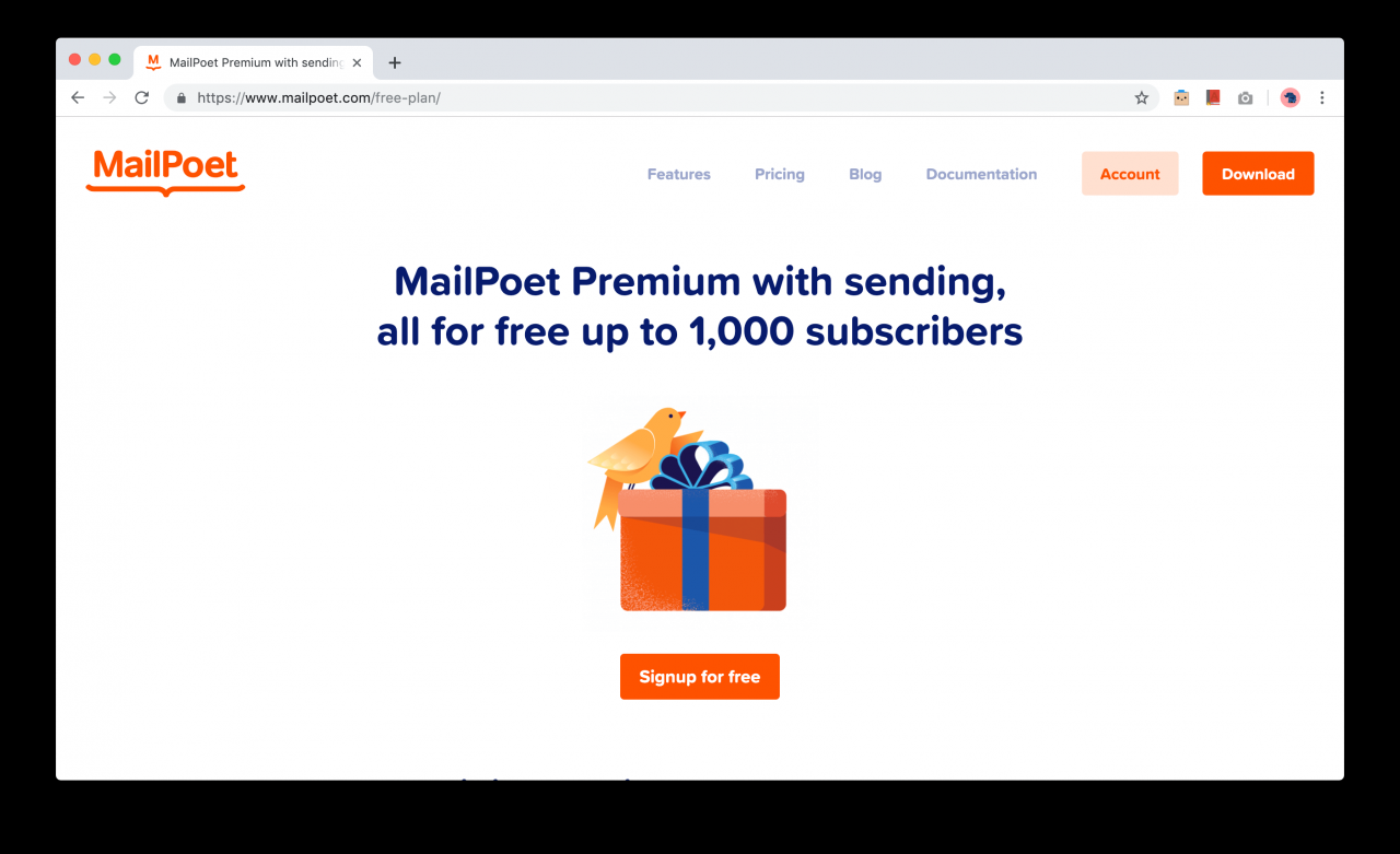 MailPoet Forever免费计划，最多可容纳1000名订阅者
