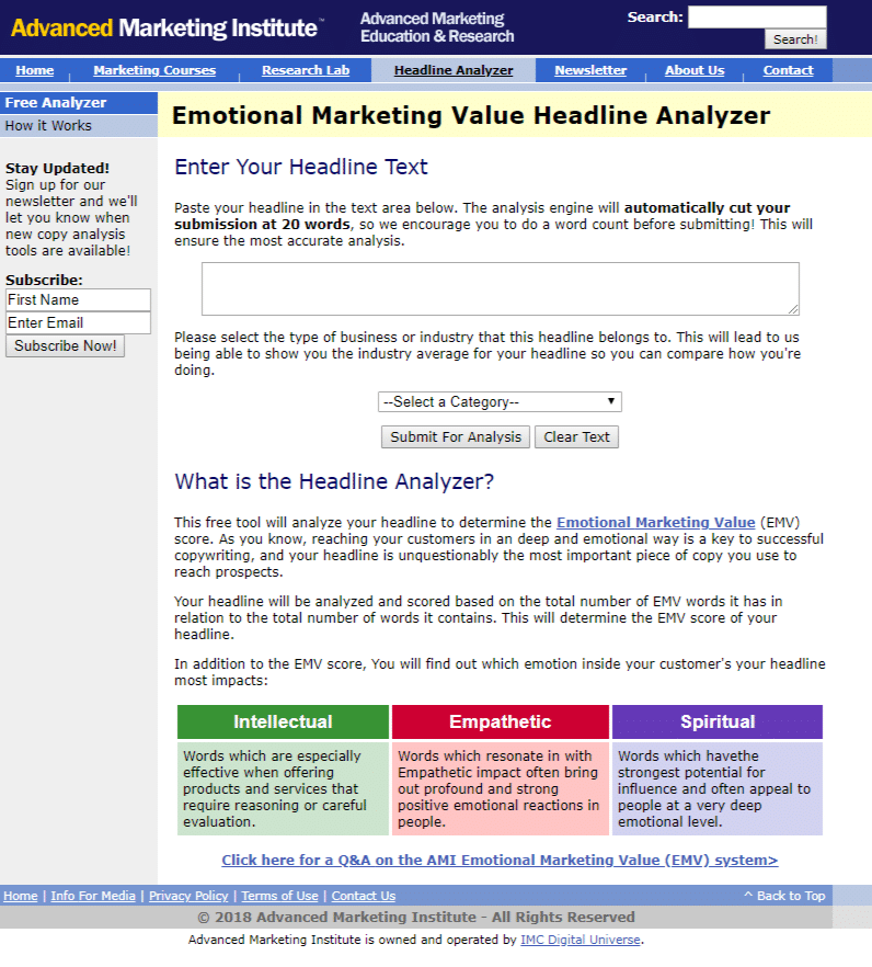 最佳標題分析工具：Advanced Marketing Institute標題分析器