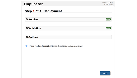 duplicator-installer-step1“width =”550“height =”315“class =”alignnone size-full wp-image-220769“srcset =”https://www.isitwp.com/wp-content/uploads/2018/ 07 / duplicator-installer-step1.png 550w，https：//www.isitwp.com/wp-content/uploads/2018/07/duplicator-installer-step1-300x172.png 300w“sizes =”（最大宽度： 550px）100vw，550px“></p>
<p>安装程序将运行一些测试，并在存档和验证测试旁边显示Pass，如上面的屏幕截图所示。 </p>
<p>检查条款和条件框，然后单击“下一步”按钮。 </p>
<p>从那里，你会看到Duplicator的第2步打开。您需要输入MySQL主机，数据库名称，用户名和密码。在主机字段中插入localhost并填写您在步骤5中使用的数据库详细信息。 </p>
<p><img decoding=