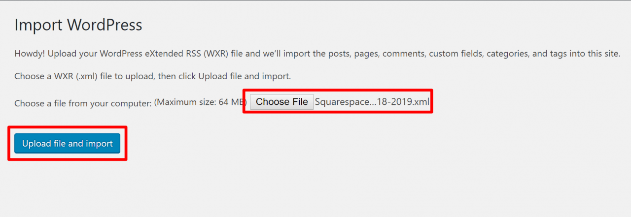 为WordPress选择Squarespace导出文件