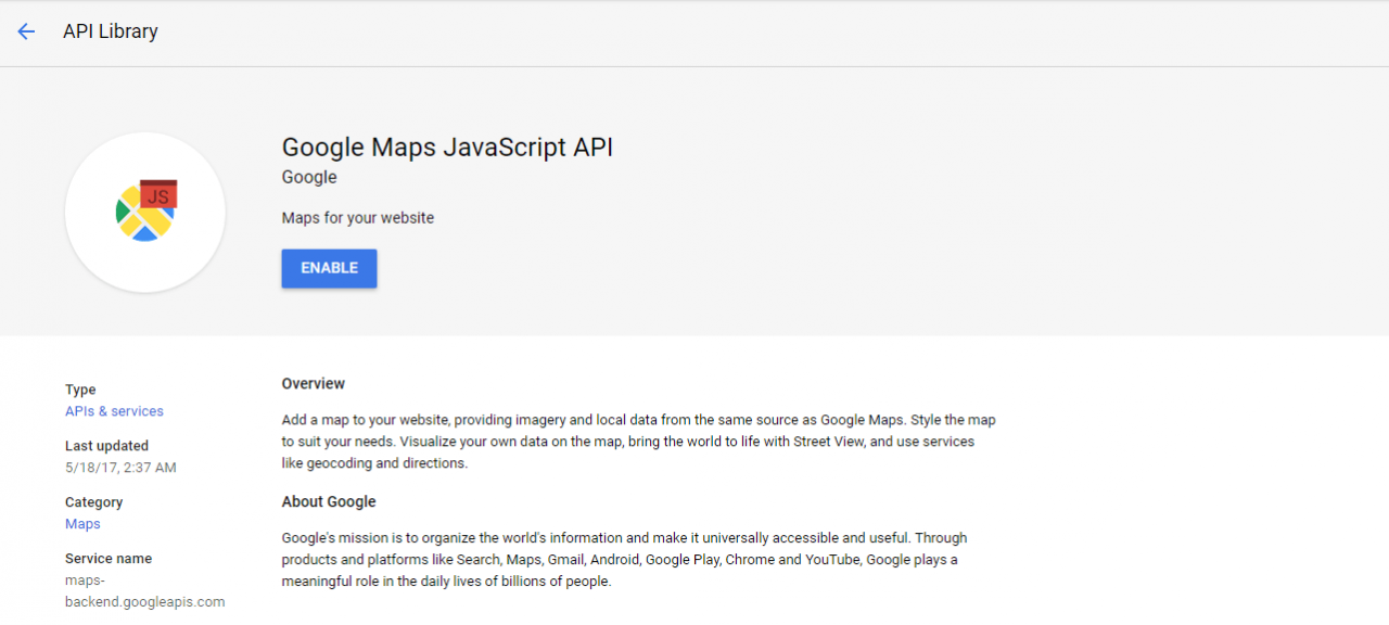 用于启用Google Maps API的按钮。