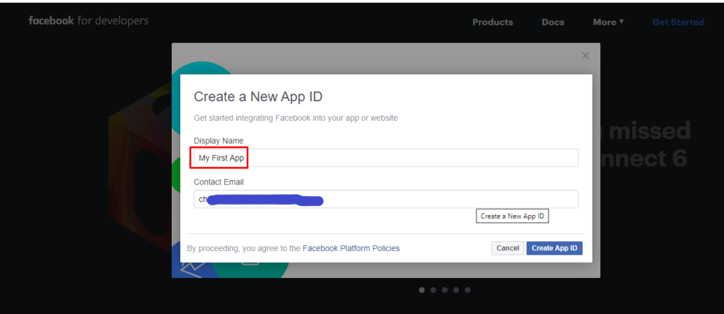 创建一个新的FB应用ID