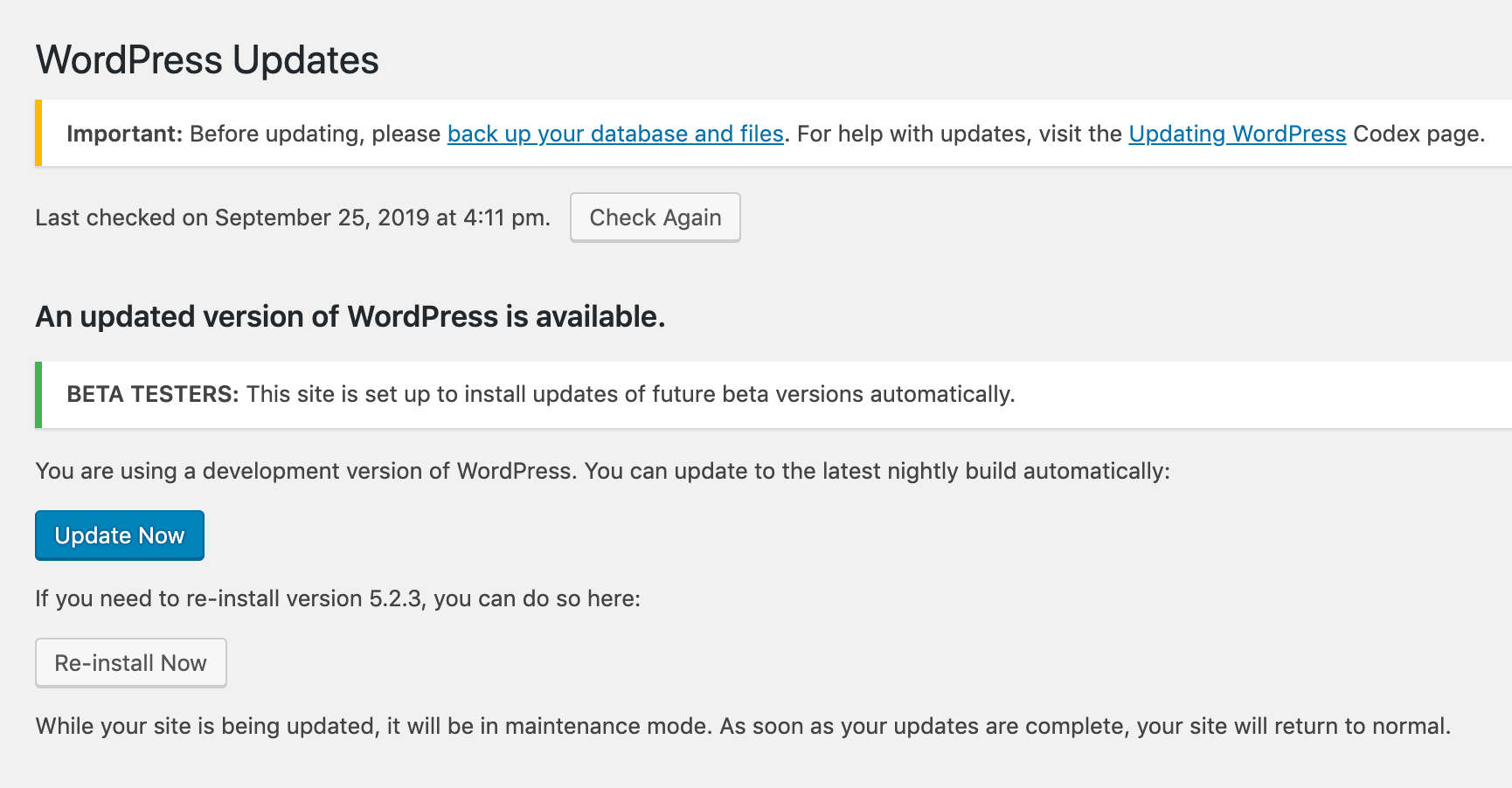 WordPress更新屏幕