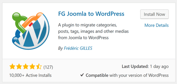 将FG Joomla安装到WordPress插件的选项。