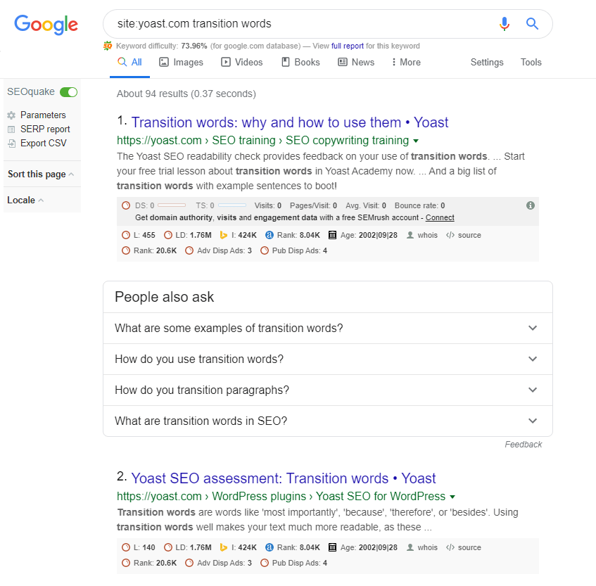 Google搜索Yoast中有關過渡詞的帖子。
