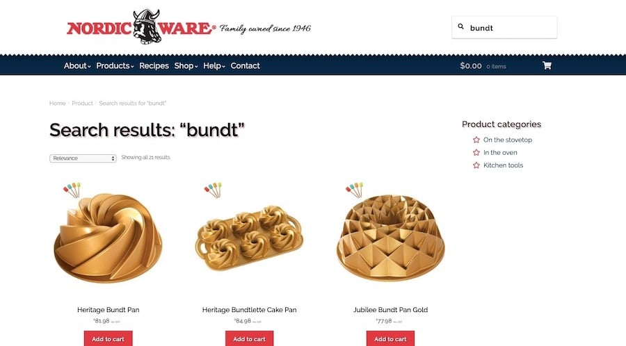 在Nordic Ware网站上搜索“ bundt”会发现许多与查询匹配的结果。