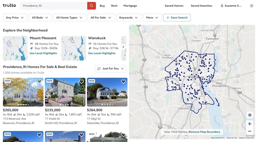 Trulia网站上用于“ Providence，RI”待售房屋的搜索结果页面示例。