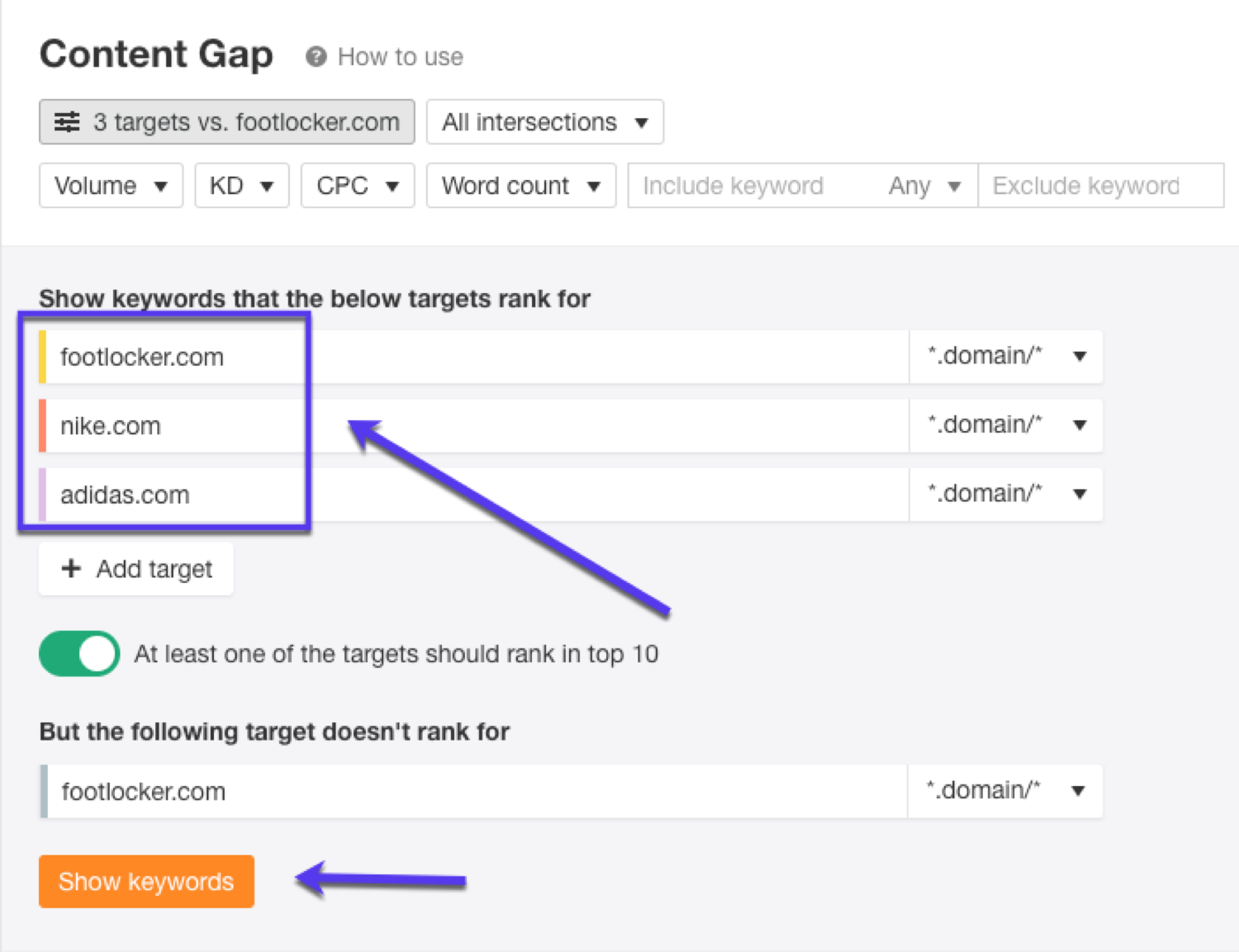 Use Ahrefs Content Gap tool to find keywords to target