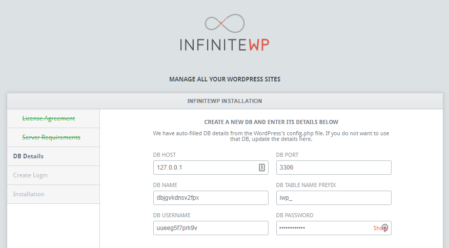 为InfiniteWP创建一个新的数据库。