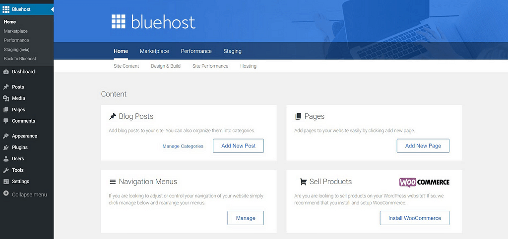 Bluehost WordPress菜单