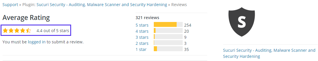 Sucuri安全插件在WordPress存储库上的4.4星评级