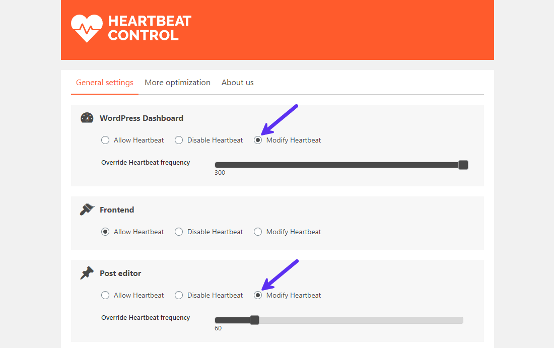 WordPress Heartbeat Control plugin panel