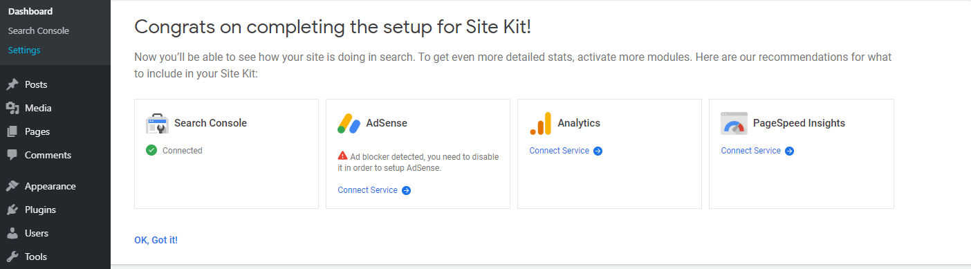 使用Site Kit添加更多服务。