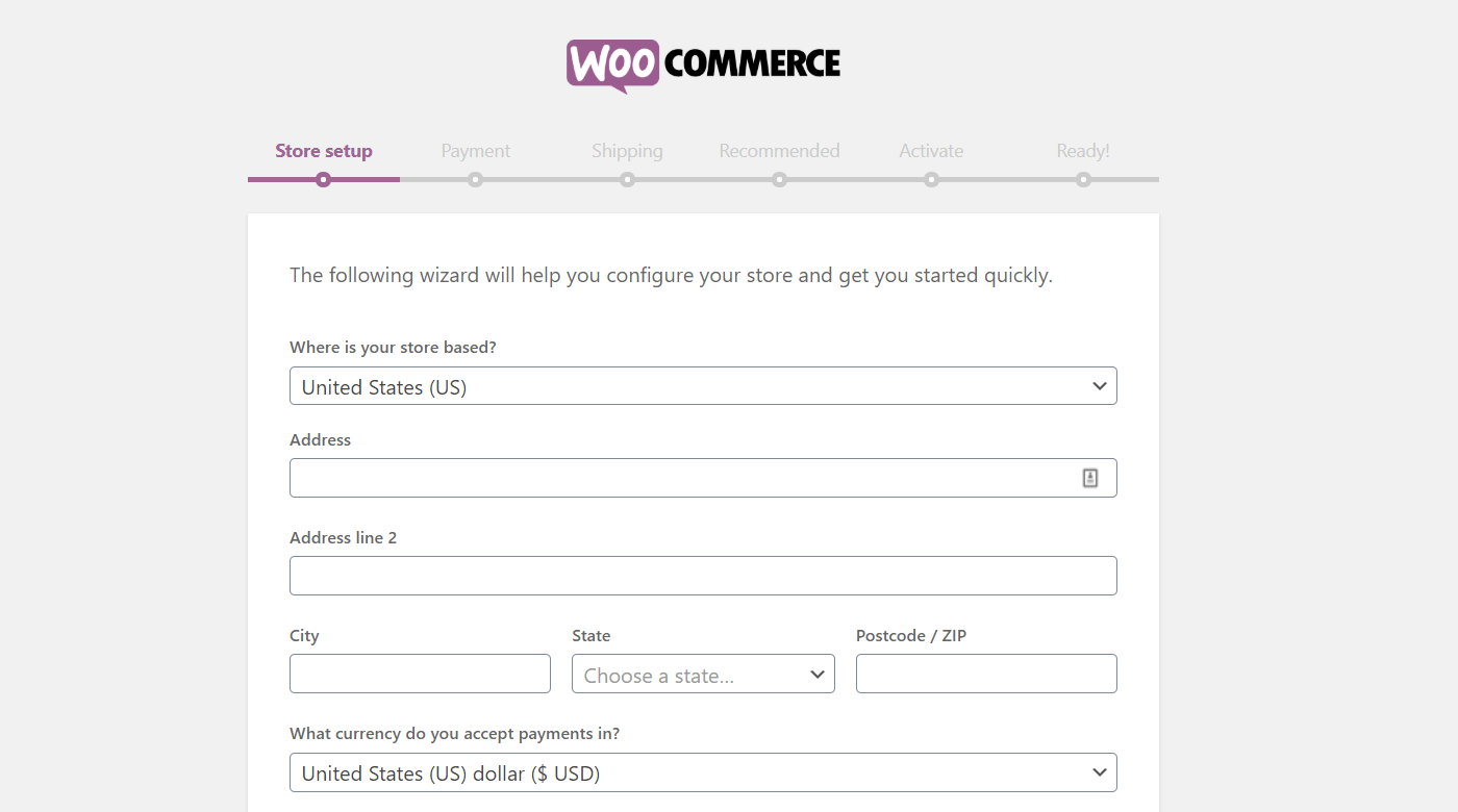 WooCommerce安裝嚮導。