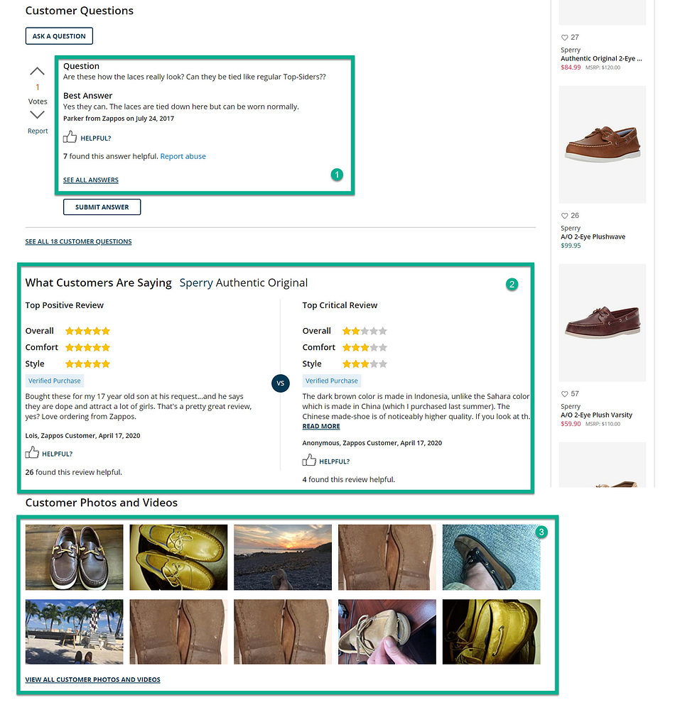 具有用户生成的内容示例的zappos产品页面