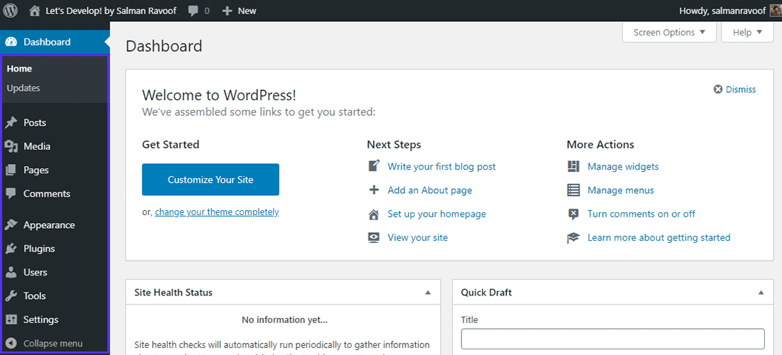 The default WordPress dashboard for all users