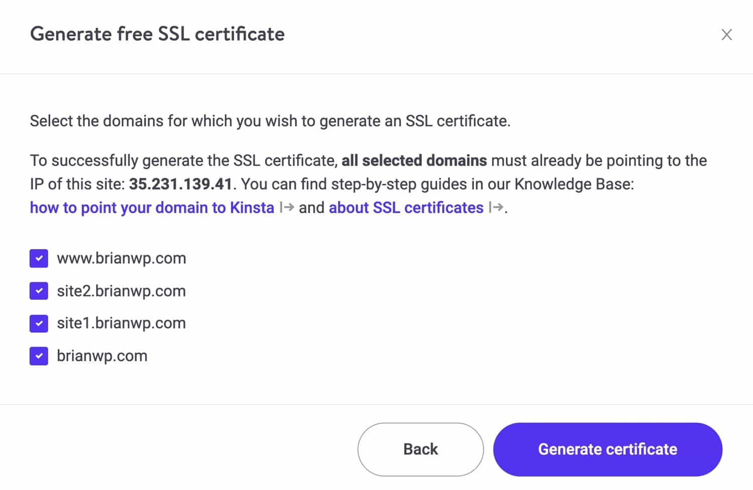 為MyKinsta中的多站點生成SSL證書。
