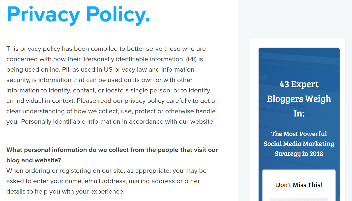 WordPress隐私政策的示例。
