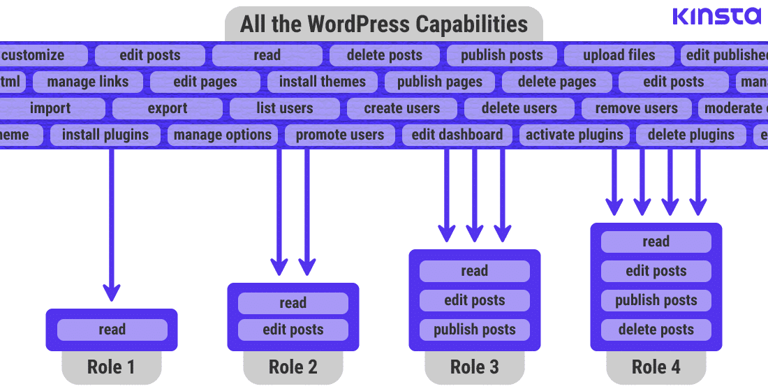该图显示了如何在具有功能的WordPress中定义WordPress角色