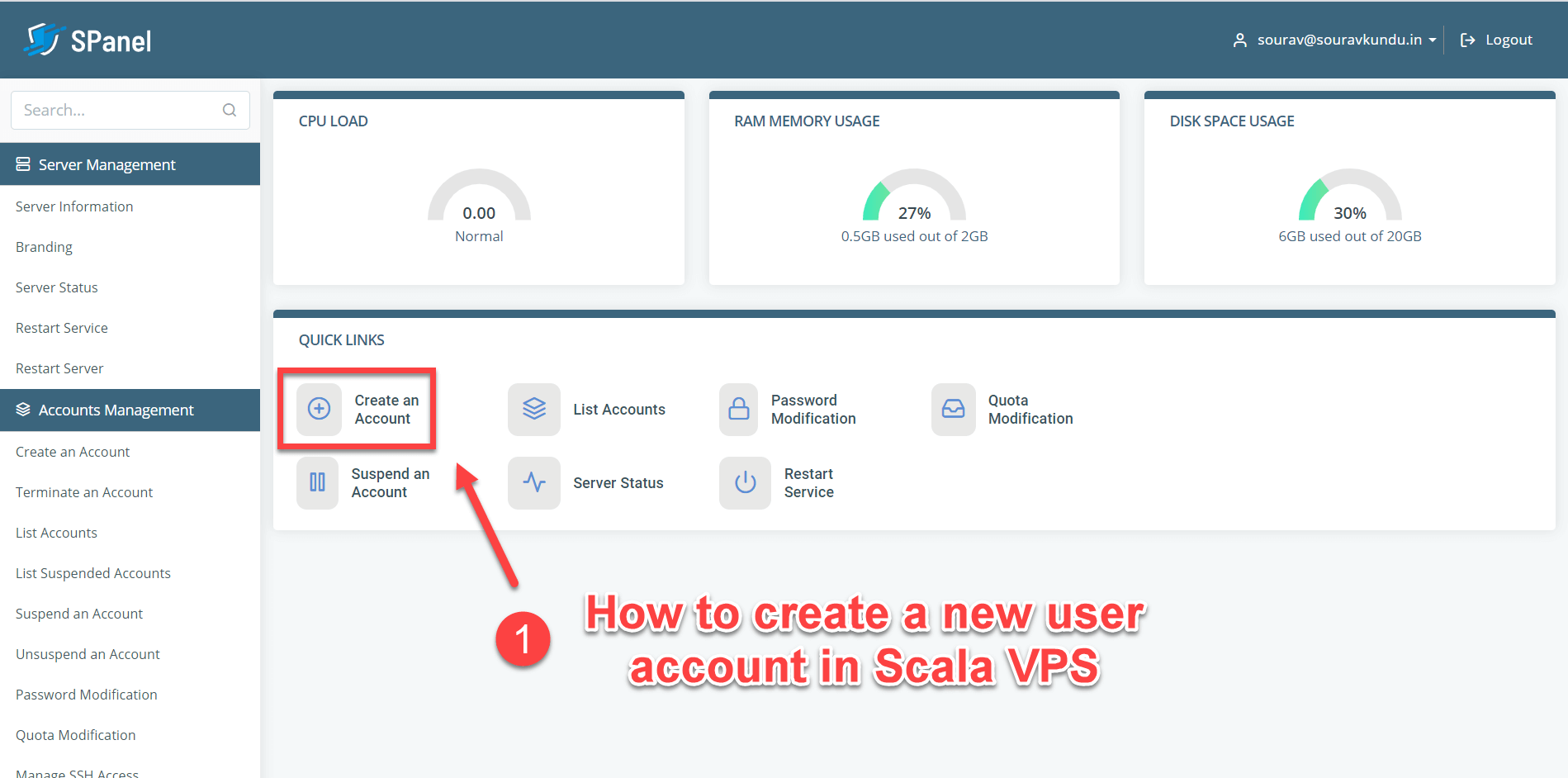 如何在Scala spanel VPS 1中創建新的用戶帳戶