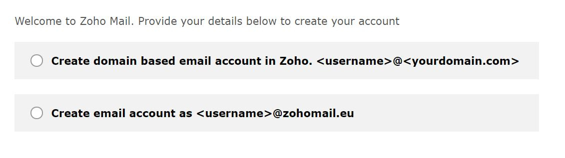 Zoho免費電子郵件域選項。