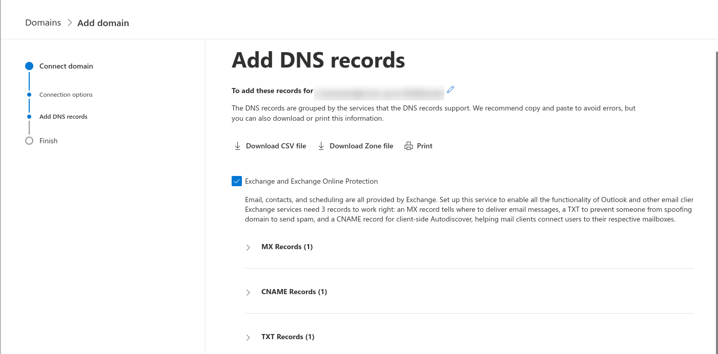 “添加DNS记录”页面可使用Microsoft 365商业电子邮件地址设置自定义域。