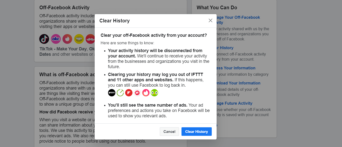清除您的Facebook数据历史记录