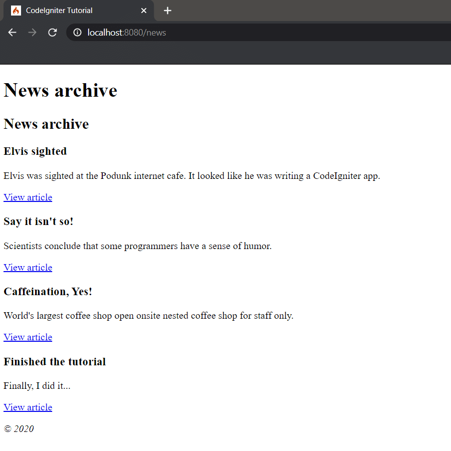 CodeIgniter新闻存档页面