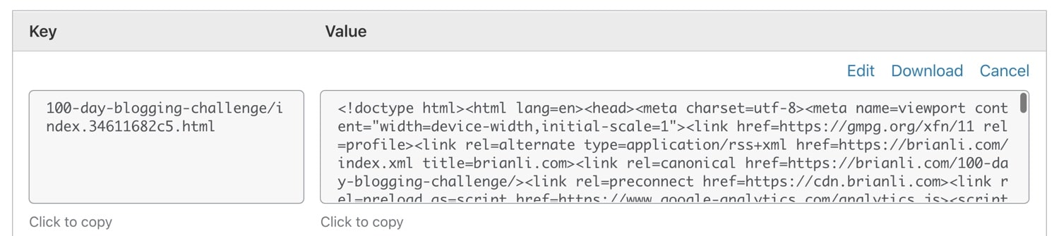 在Cloudflare Workers KV中存储为键值对象的网页。
