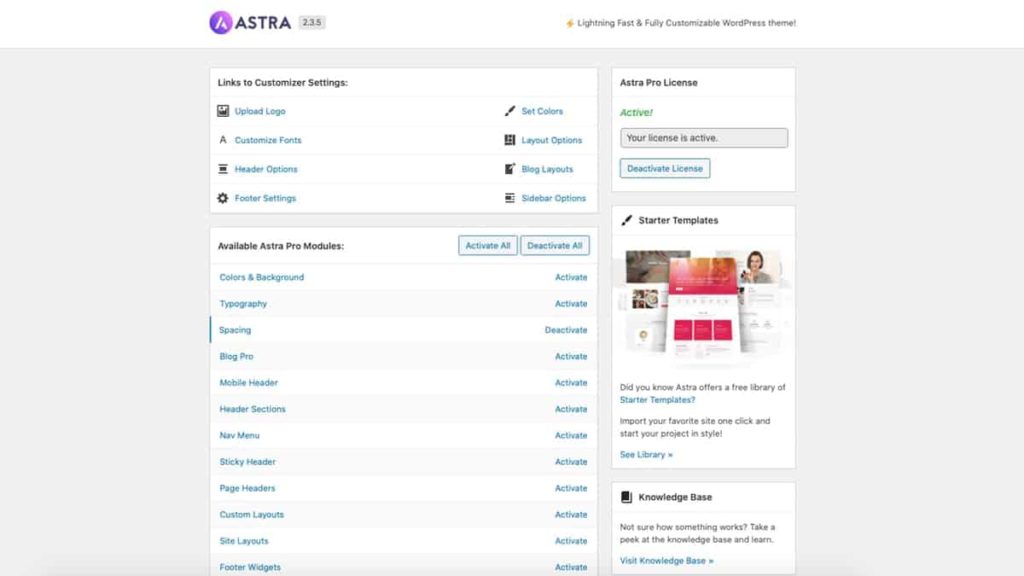 WordPress控制台中的Astra Pro主题设置