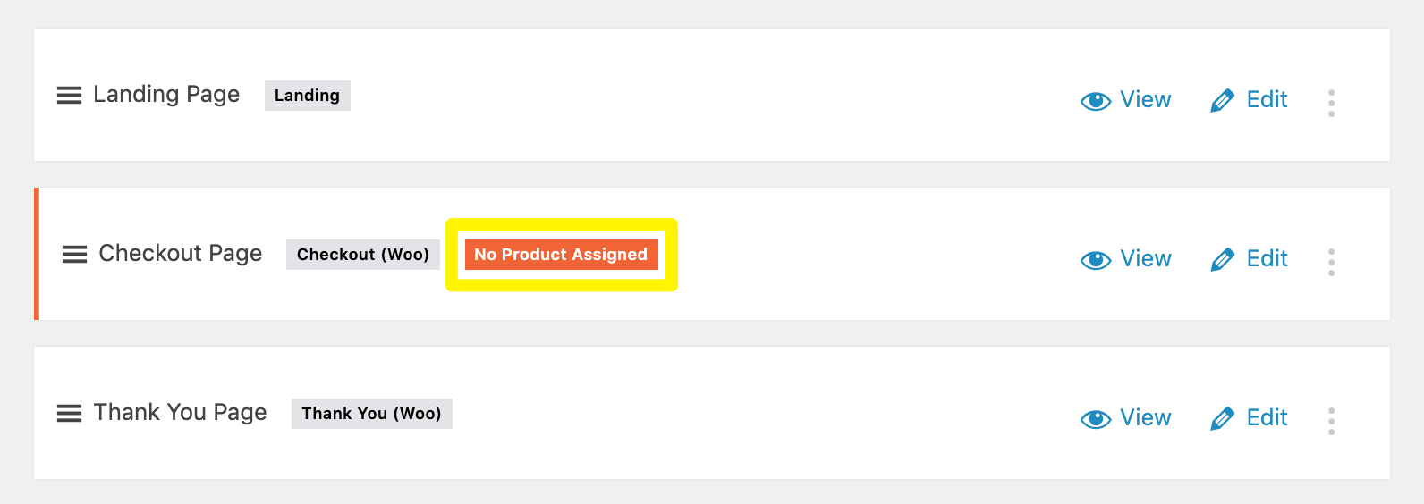 Cartflows中Checkout頁面上的No Product Assigned標籤。