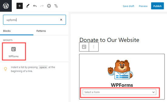 在塊編輯器中添加WPForms