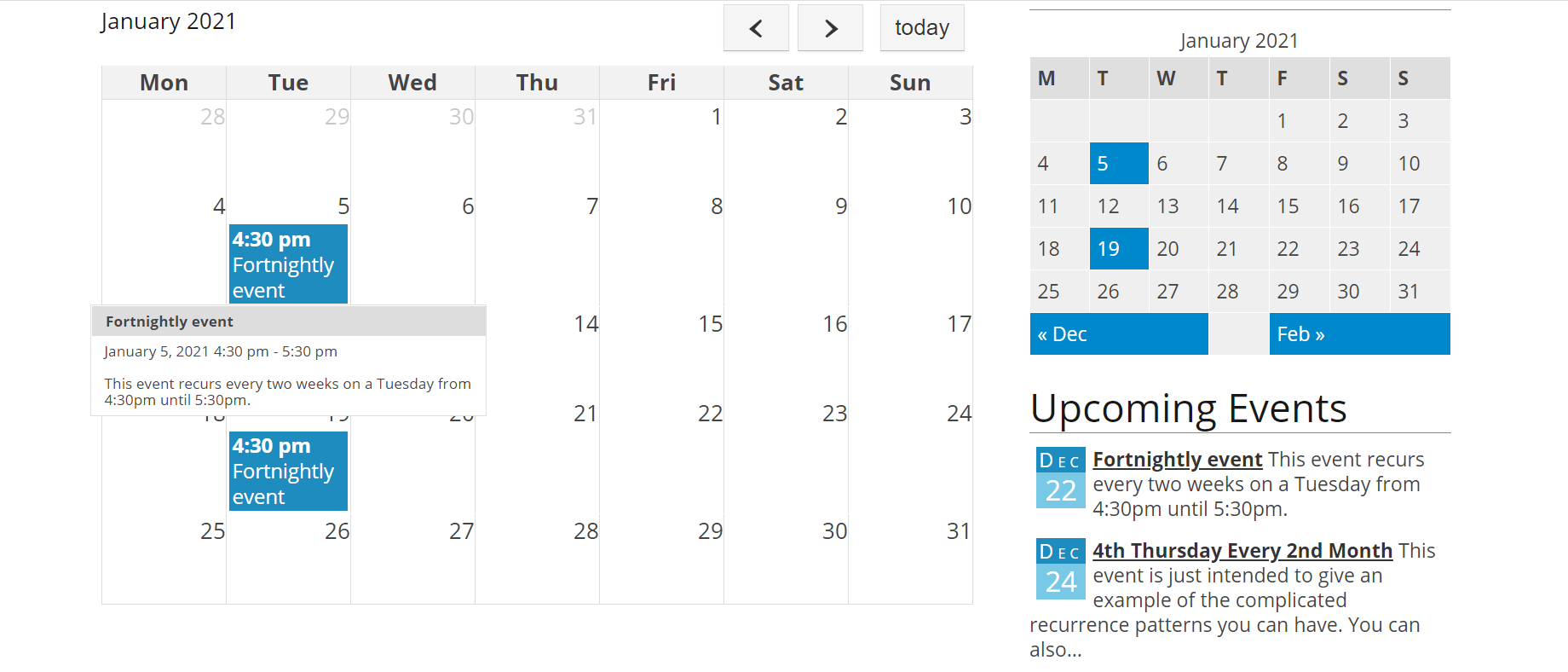 使用事件管理器插件创建的事件日历示例。
