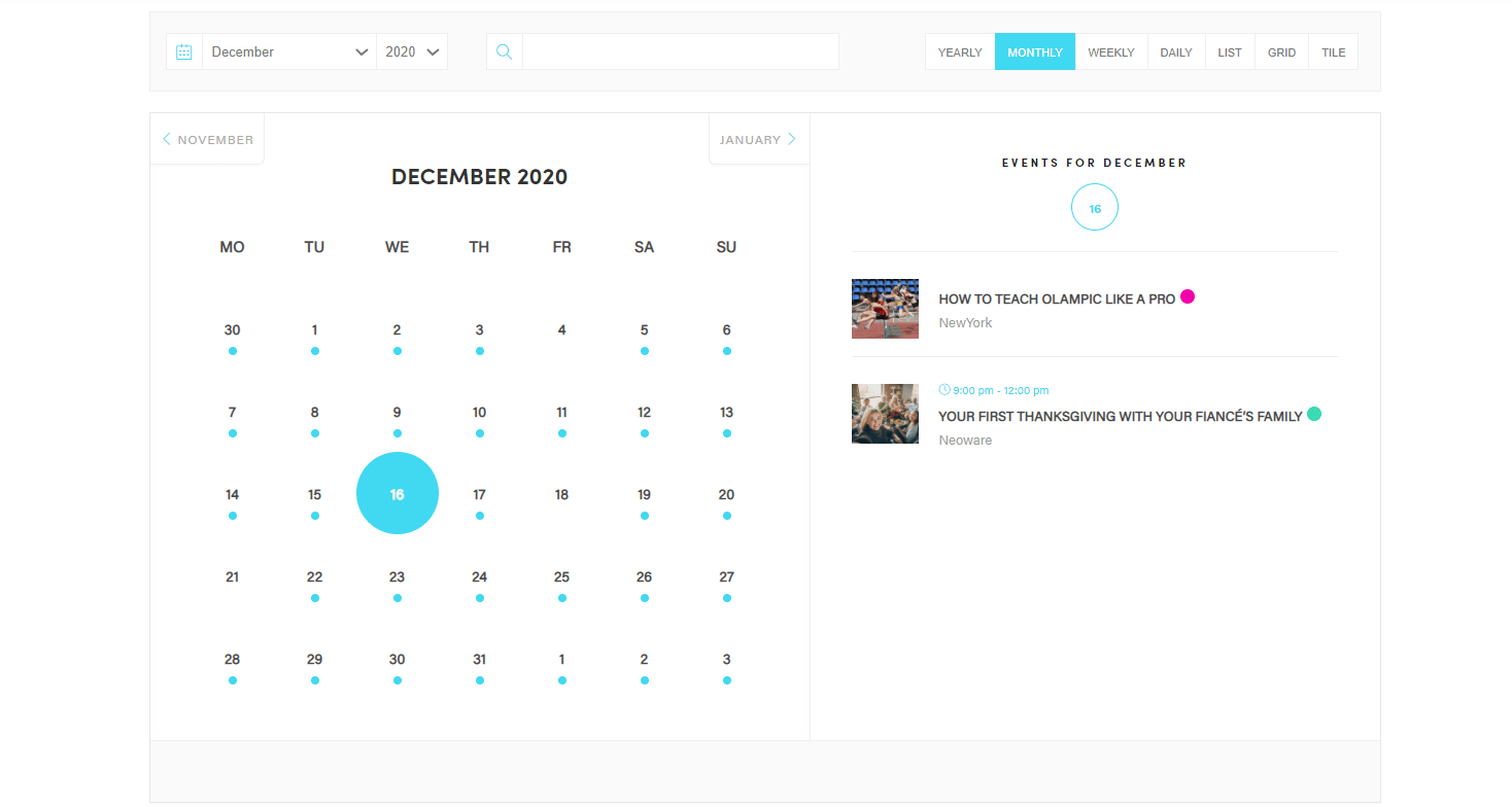 使用最好的WordPress日曆插件之一「現代事件日曆」創建的事件日曆示例。