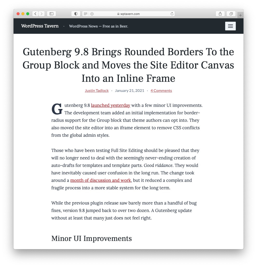 2021年2月WordPress新闻：Gutenberg 9.8