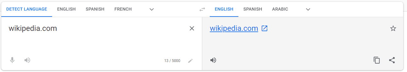 Google 翻译输入字段，左侧显示域 (wikipedia.com)，右侧显示可点击链接