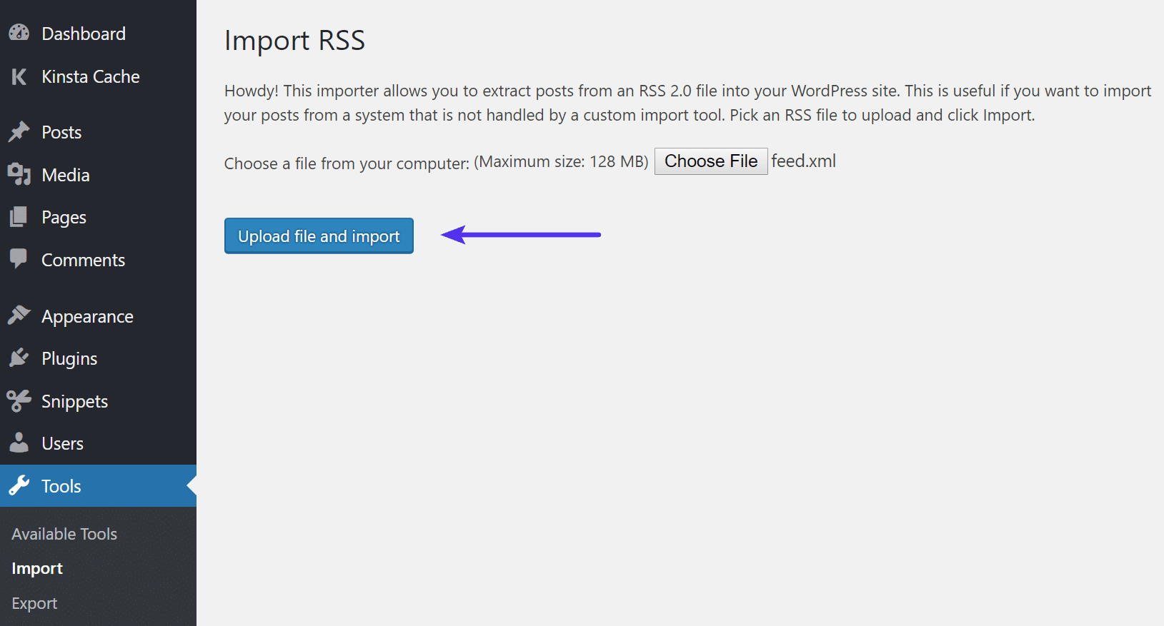使用 WordPress 仪表板上传和导入 Wix RSS 提要文件。