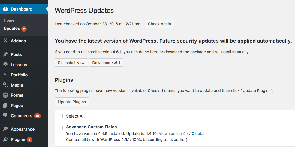 WordPress 管理仪表板中显示的待定 WordPress 站点更新。