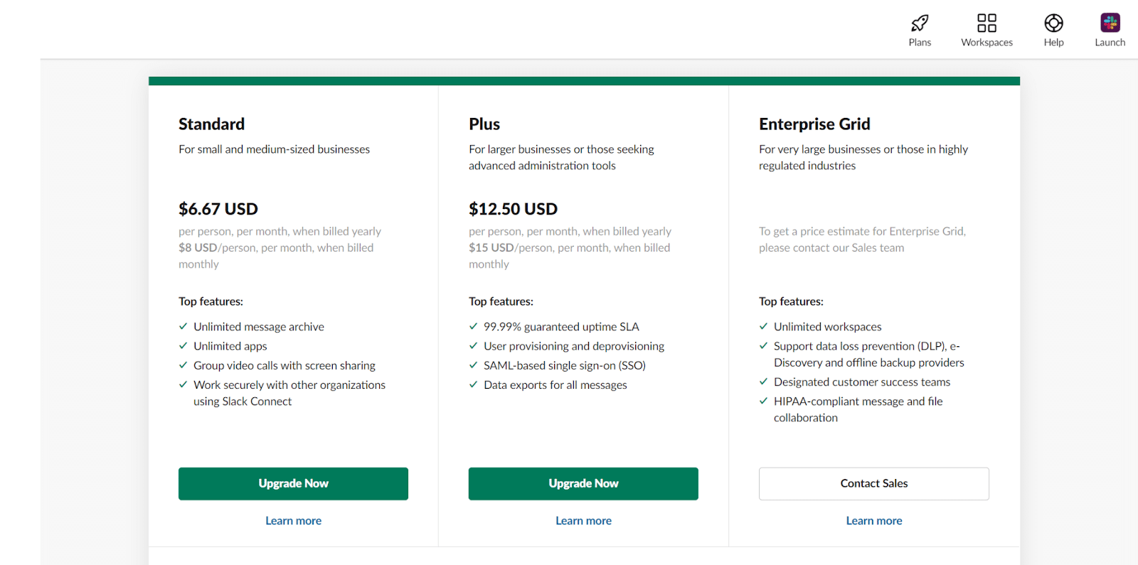 Slack 網站上付費計劃定價選項的屏幕截圖。