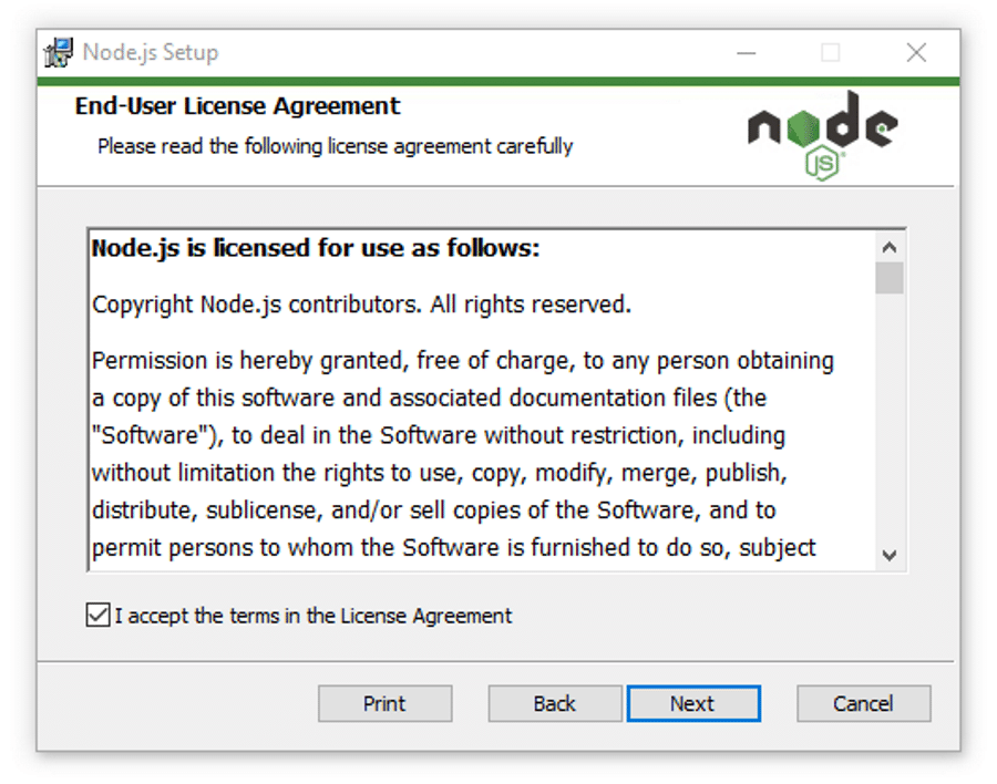 接受 Node.js 許可協議。
