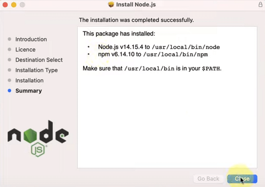 在 macOS 上關閉 Node.js 安裝程序。