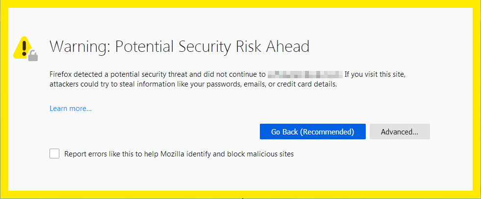 帶有文本的 Firefox 安全風險警告消息 