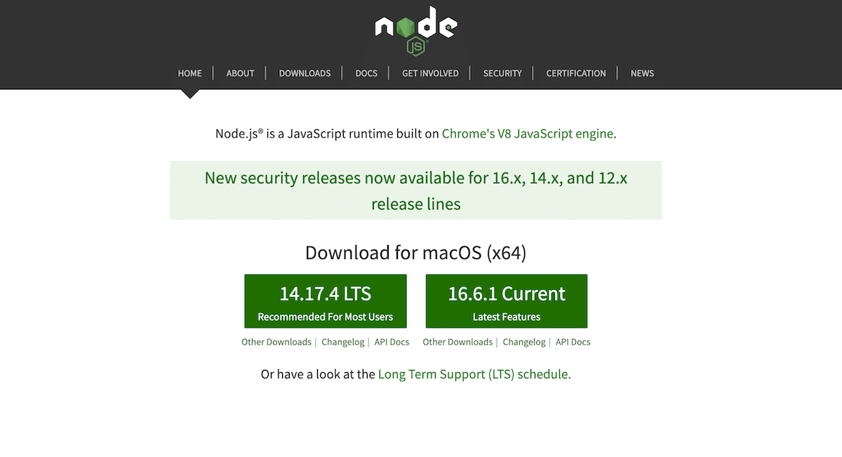 Node.js 网站主页的屏幕截图。
