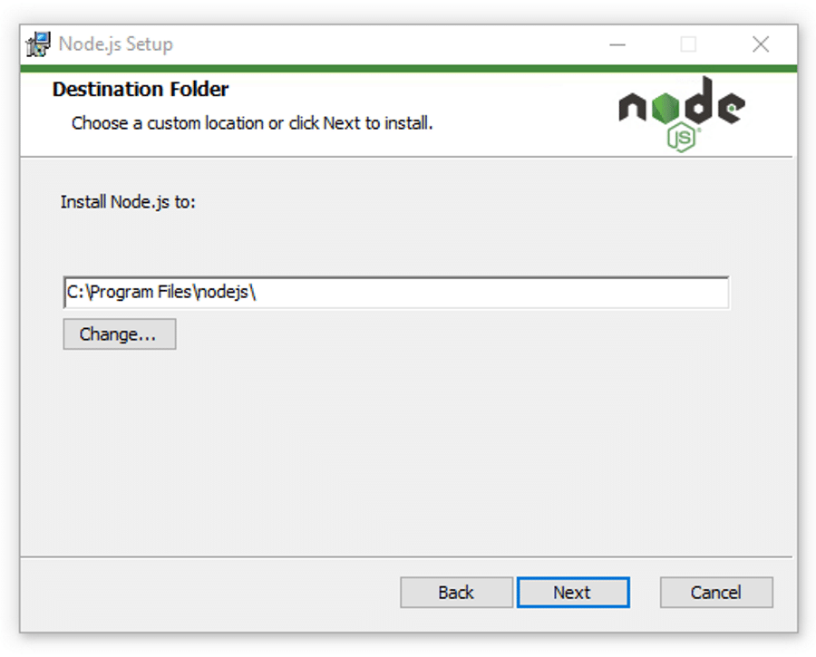 选择适当的 Node.js 安装文件夹。